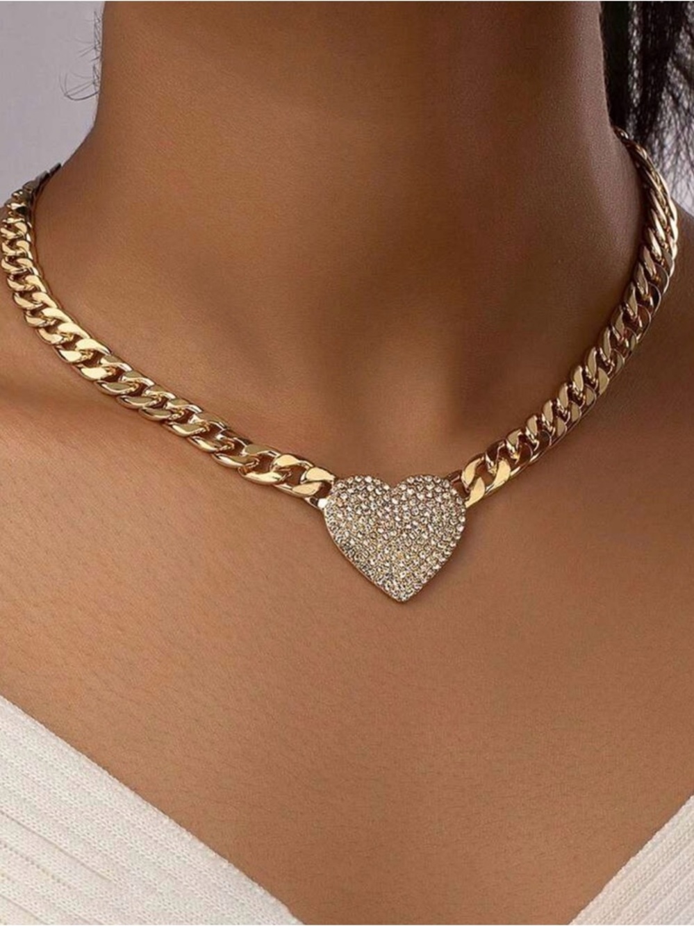 Gold Heart Pavé Cuban Link Choker Necklace